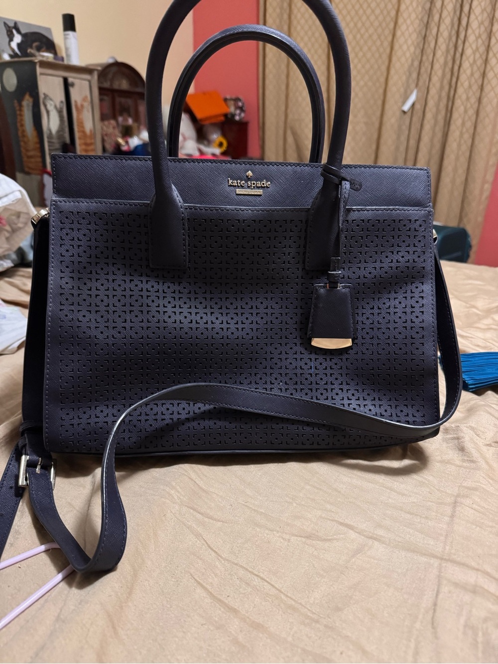 kate spade Navy Perforated Leather Tote Satchel with Top Handles